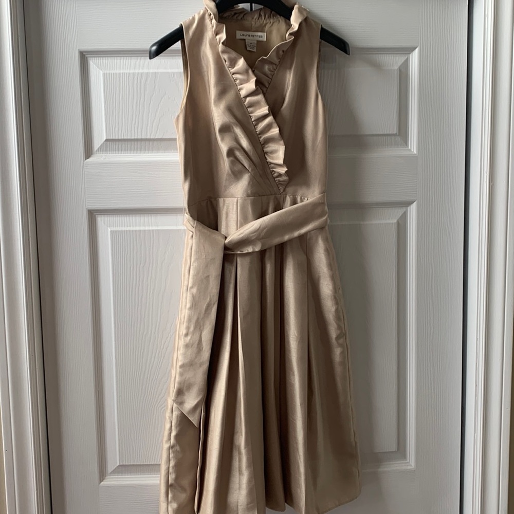 COPY - Laura Petite beige faux silk deep V ruffle collar box pleat sleeveless d…
